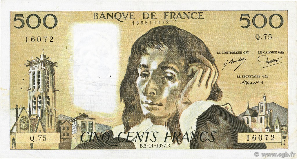 500 Francs PASCAL FRANCE  1977 F.71.17 F+