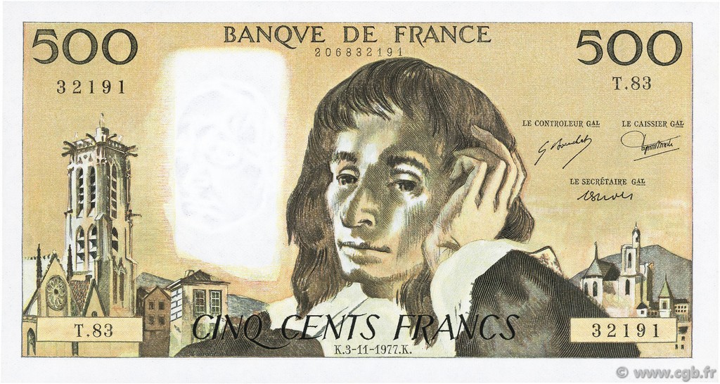 500 Francs PASCAL FRANKREICH  1977 F.71.17 fST+
