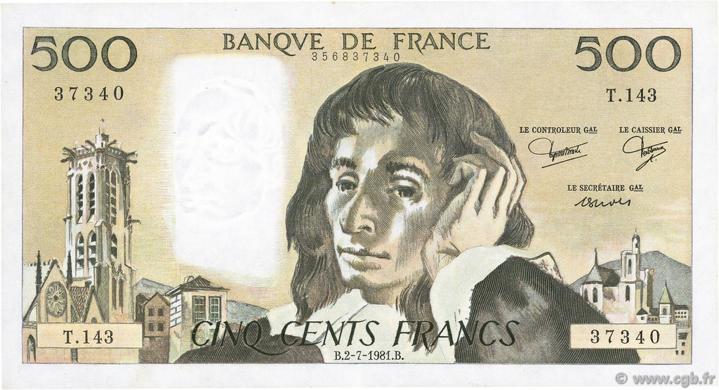 500 Francs PASCAL FRANKREICH  1981 F.71.25 fVZ