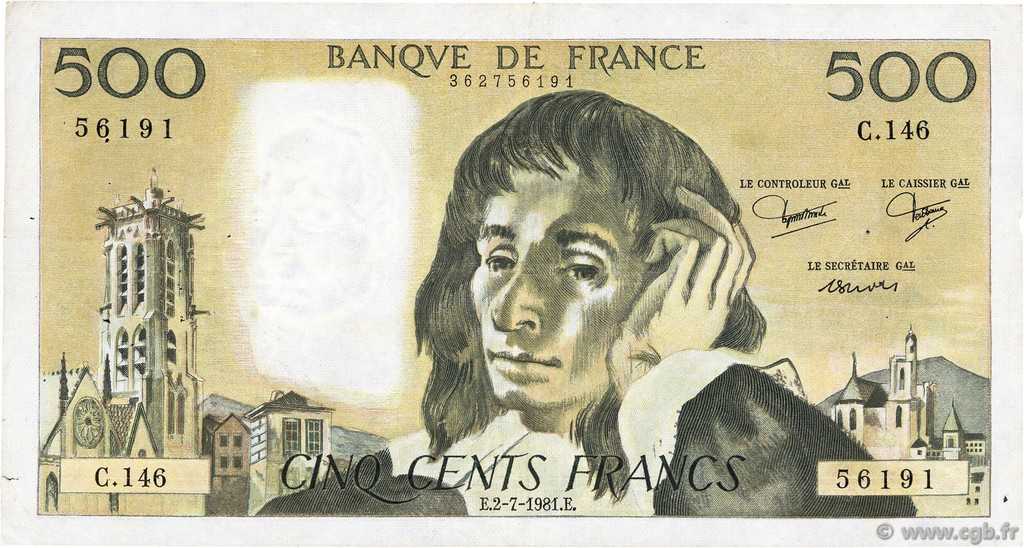 500 Francs PASCAL FRANCE  1981 F.71.25 VF
