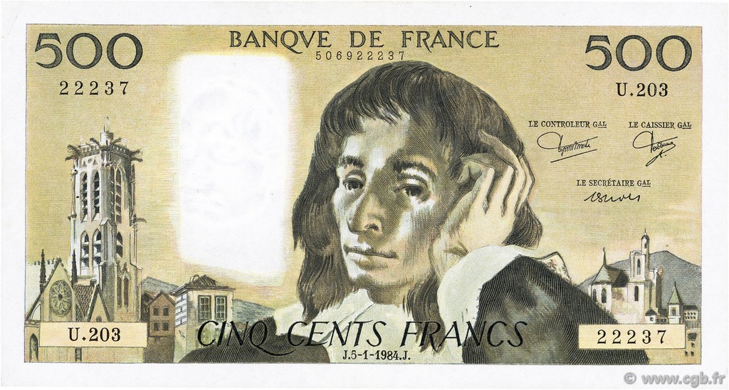 500 Francs PASCAL FRANCE  1984 F.71.30 VF+