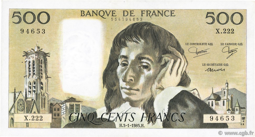 500 Francs PASCAL FRANKREICH  1985 F.71.32 SS