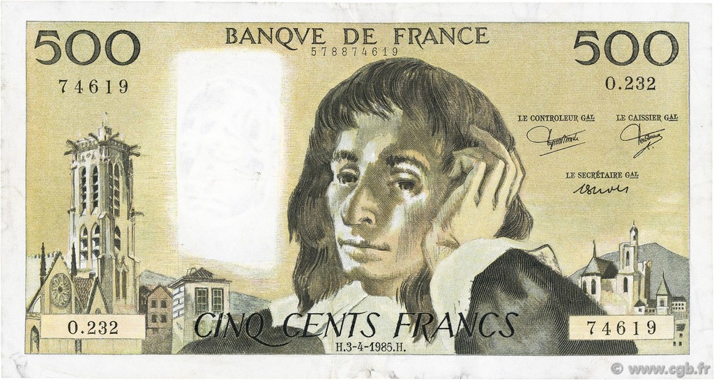 500 Francs PASCAL FRANKREICH  1985 F.71.33 SS