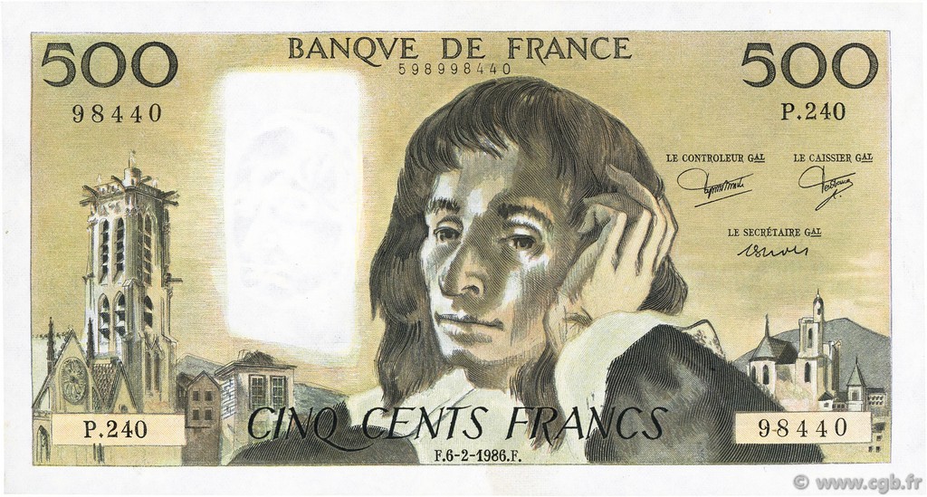 500 Francs PASCAL FRANCE  1986 F.71.34 XF