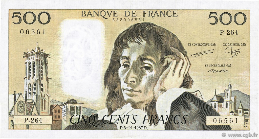 500 Francs PASCAL FRANCE  1987 F.71.37 VF