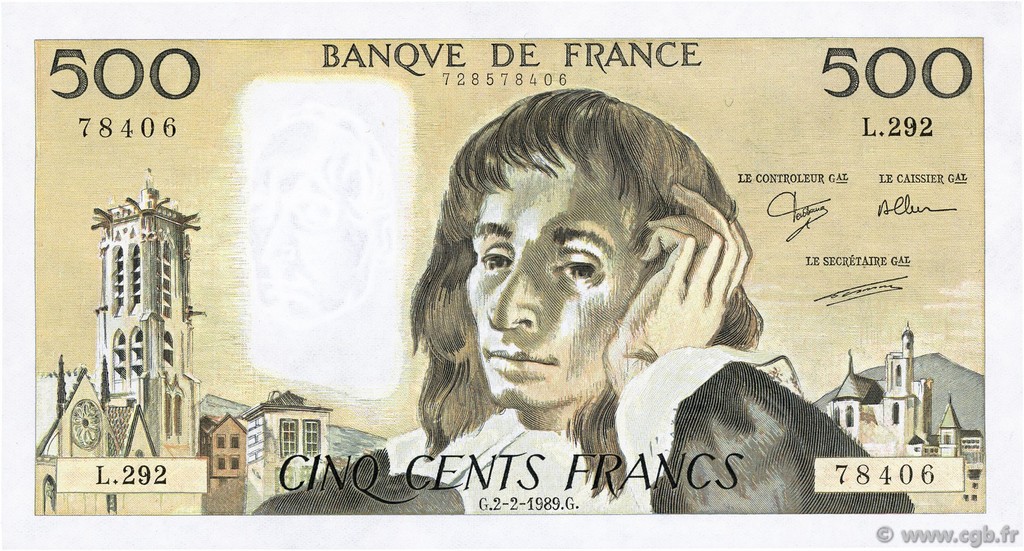 500 Francs PASCAL FRANKREICH  1989 F.71.40 fST+