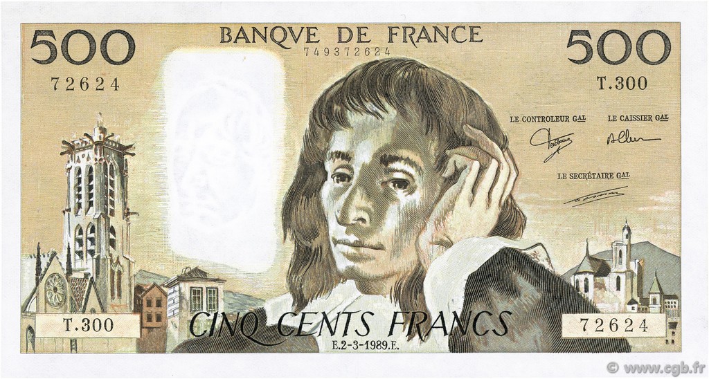 500 Francs PASCAL FRANCE  1989 F.71.41 XF+