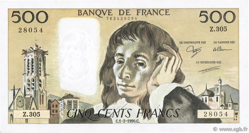 500 Francs PASCAL FRANCE  1990 F.71.43 XF