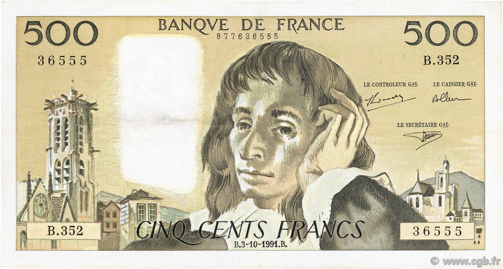 500 Francs PASCAL FRANCE  1991 F.71.48 VF