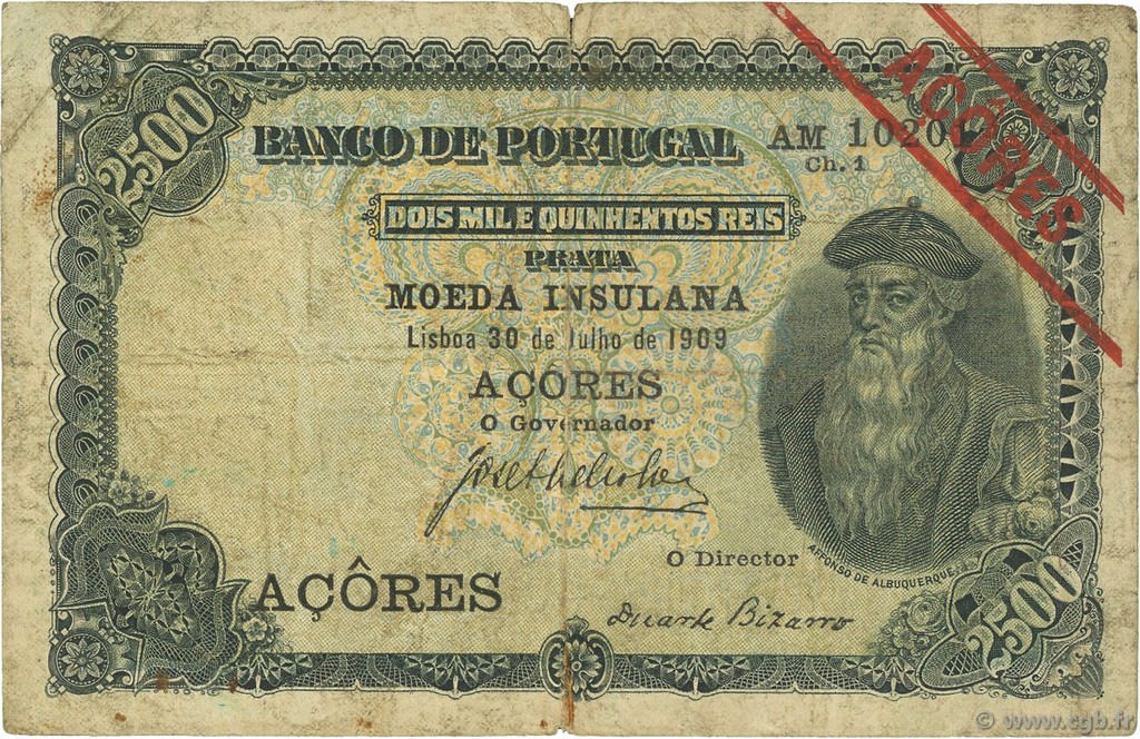 2500 Reis AZOREN  1909 P.08b fS