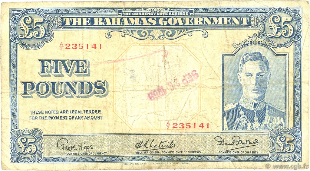 5 Pounds BAHAMAS  1936 P.12b fS
