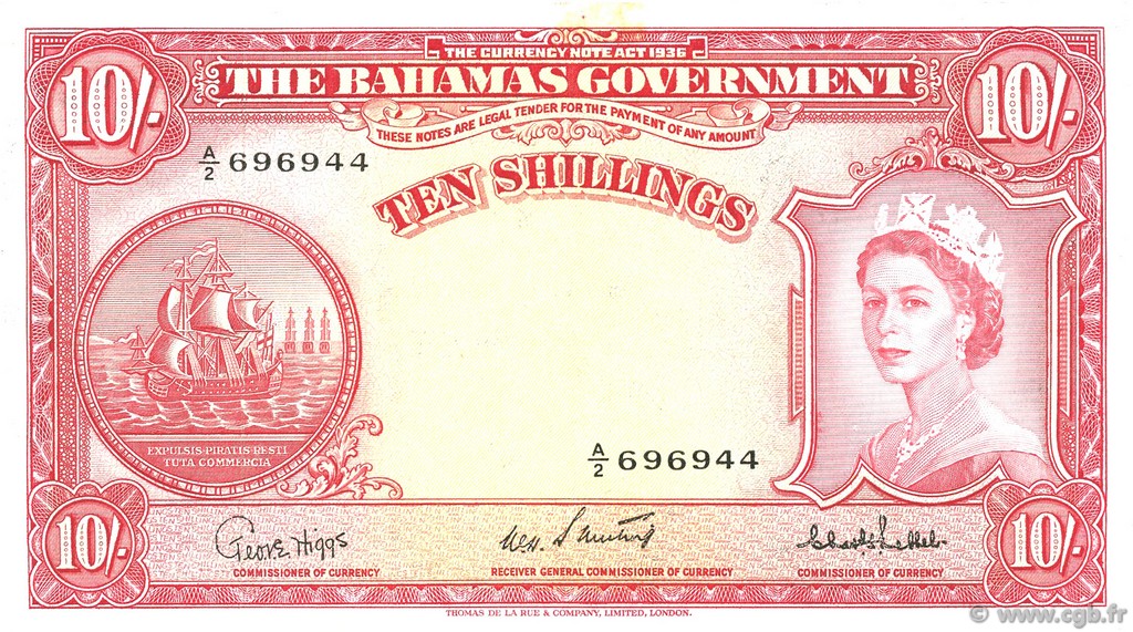 10 Shillings BAHAMAS  1953 P.14c XF+