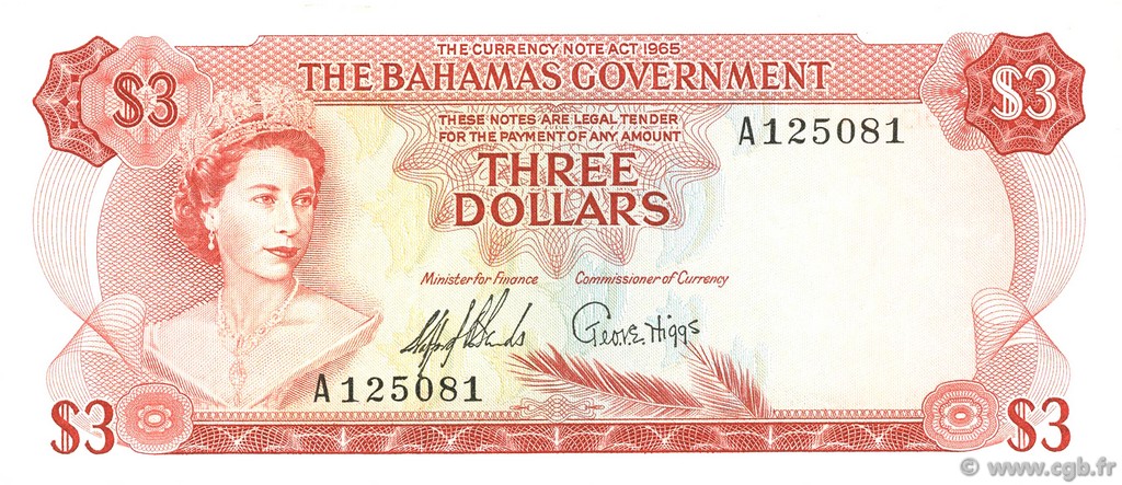 3 Dollars BAHAMAS  1965 P.19a ST