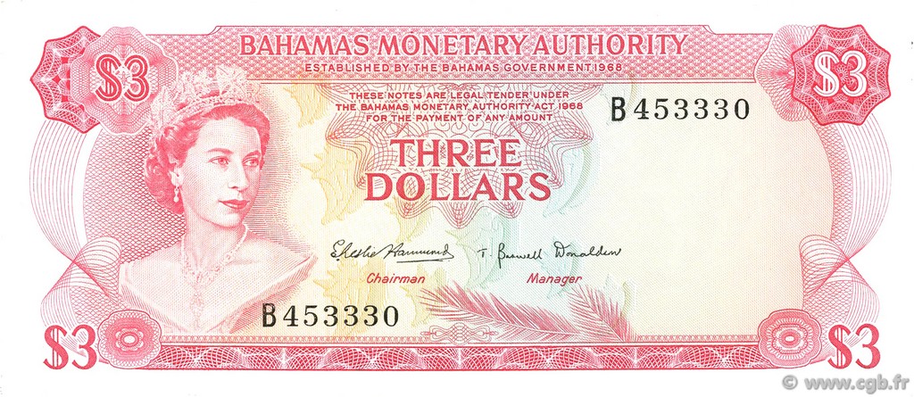3 Dollars BAHAMAS  1968 P.28a EBC