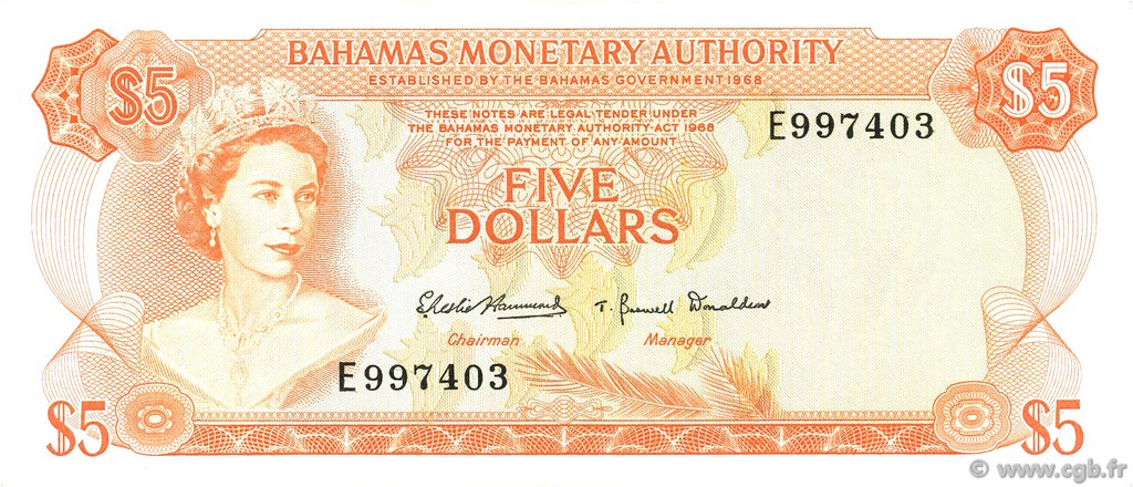 5 Dollars BAHAMAS  1968 P.29a SPL
