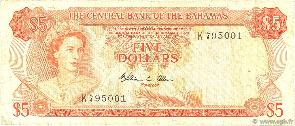 5 Dollars BAHAMAS  1974 P.37b F+