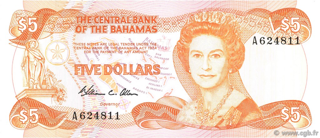5 Dollars BAHAMAS  1984 P.45a ST