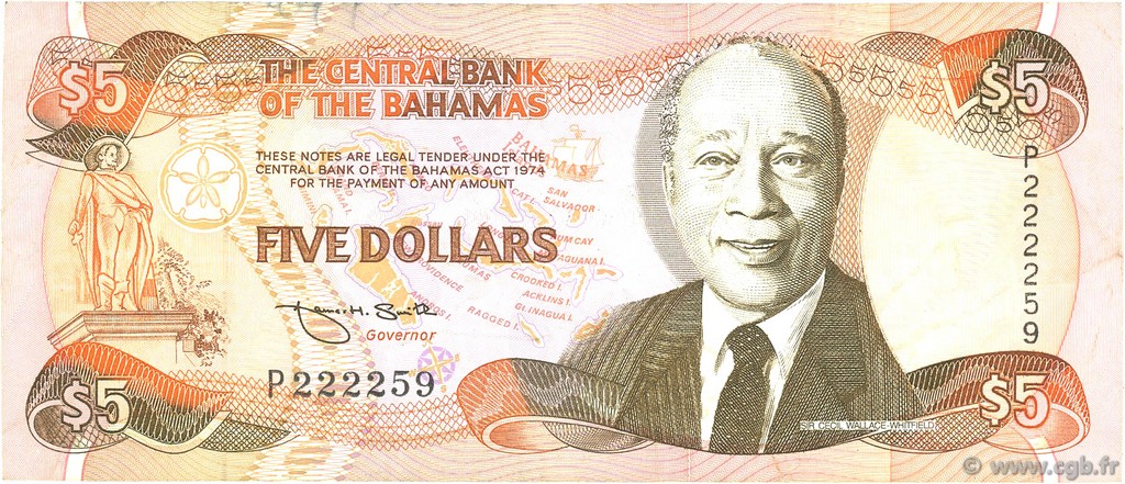 5 Dollars BAHAMAS  1995 P.52 q.BB