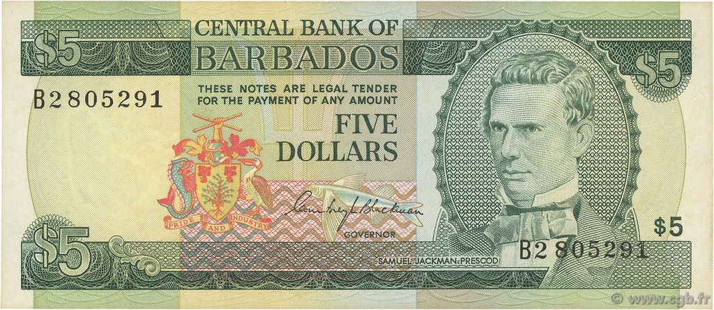 5 Dollars BARBADOS  1973 P.31a XF
