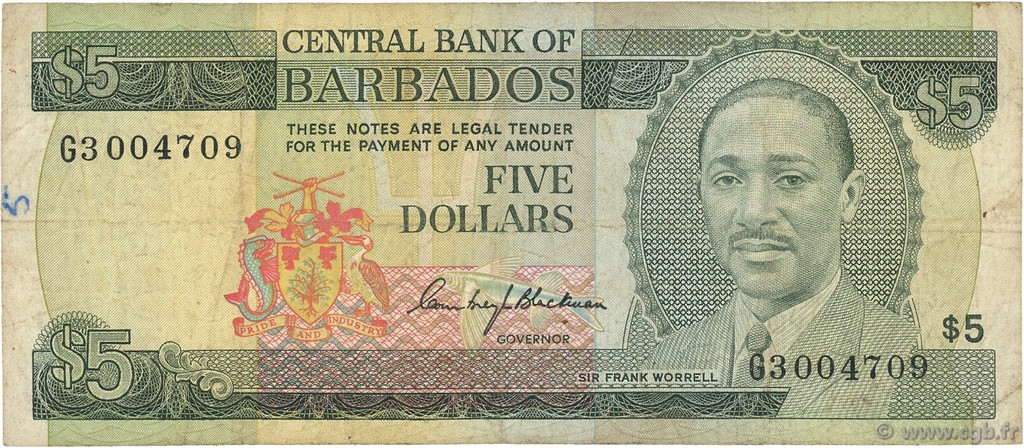 5 Dollars BARBADOS  1975 P.32a BC