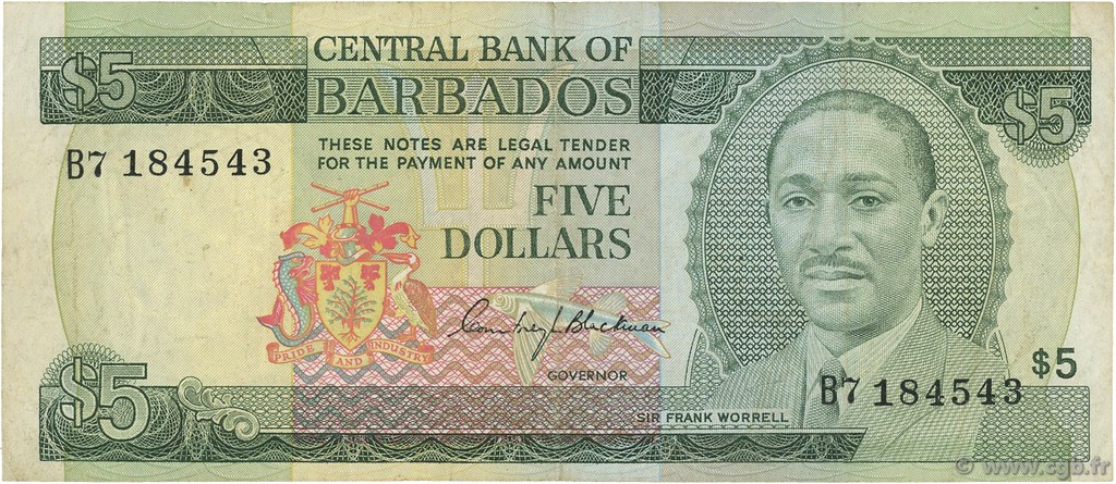 5 Dollars BARBADOS  1975 P.32a VF