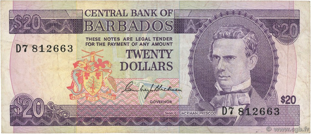 20 Dollars BARBADOS  1973 P.34a q.BB