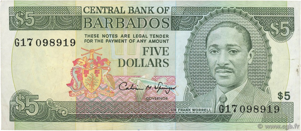 5 Dollars BARBADOS  1993 P.43 BB