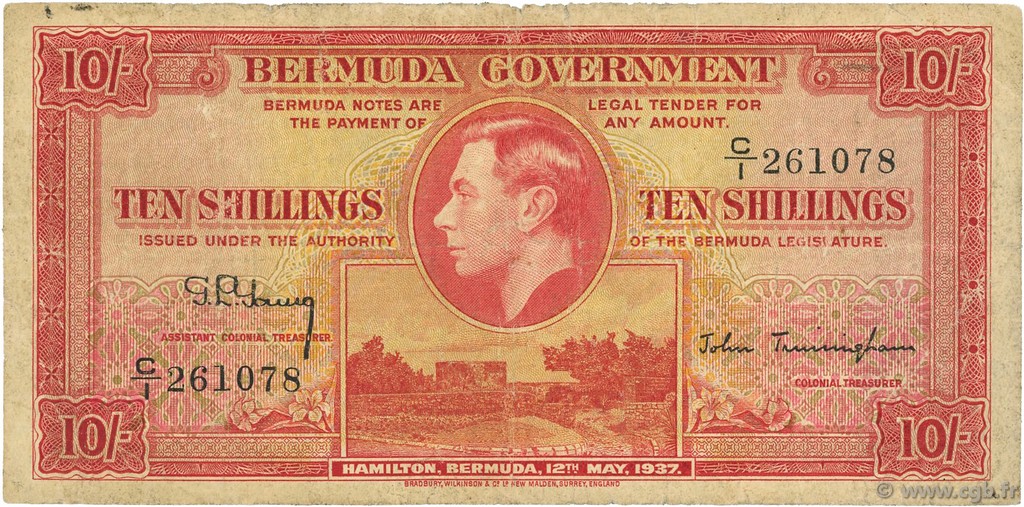 10 Shillings BERMUDA  1937 P.10b q.MB