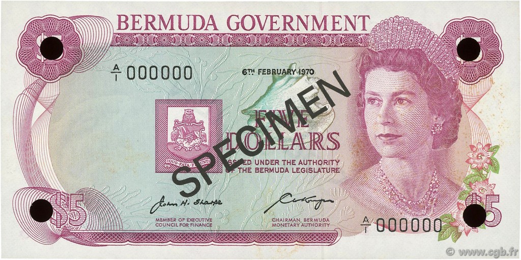 5 Dollars Spécimen BERMUDAS  1970 P.24s FDC
