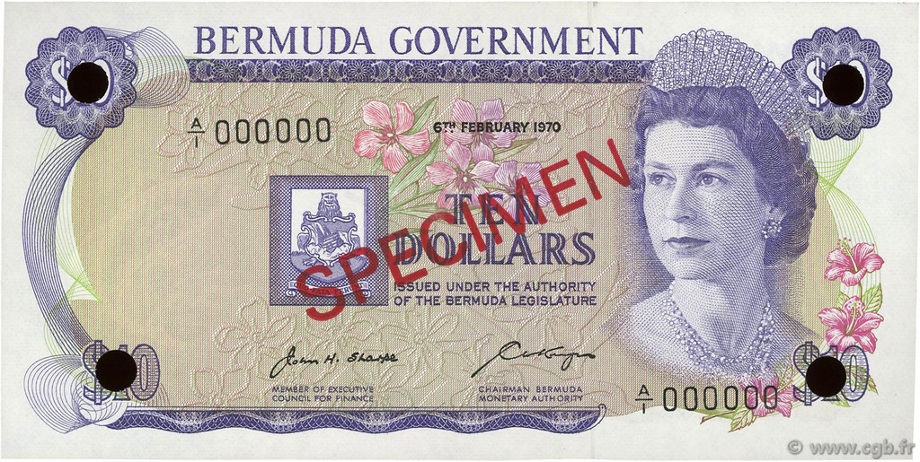 10 Dollars Spécimen BERMUDAS  1970 P.25s FDC