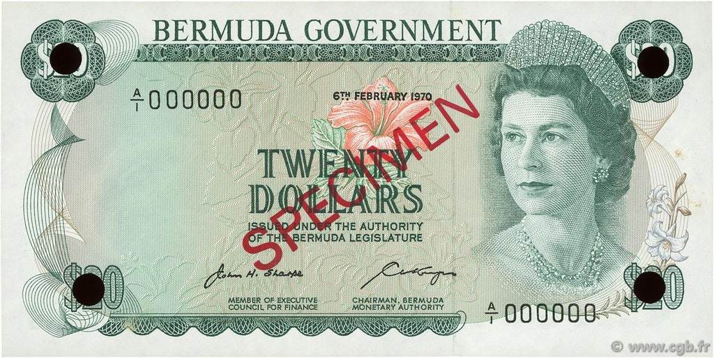20 Dollars Spécimen BERMUDAS  1970 P.26s FDC