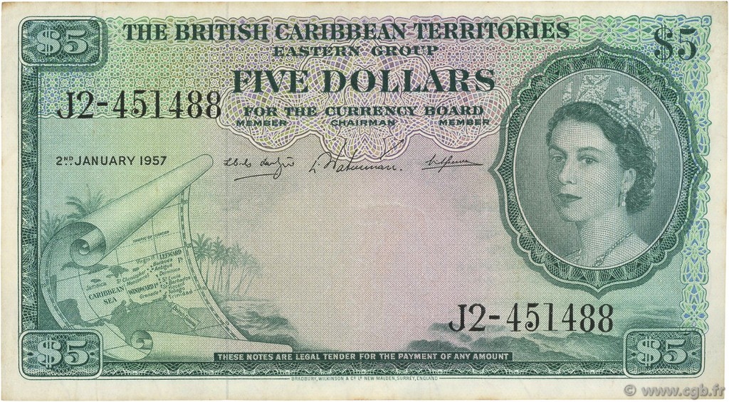 5 Dollars CARIBBEAN   1957 P.09b VF
