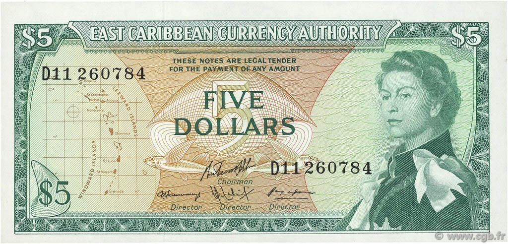 5 Dollars EAST CARIBBEAN STATES  1965 P.14h EBC+