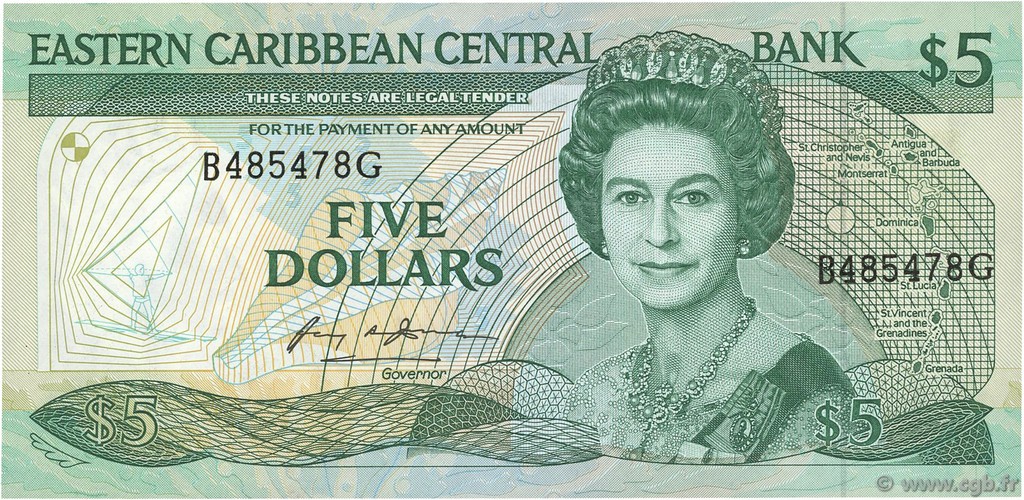 5 Dollars CARIBBEAN   1986 P.18g AU