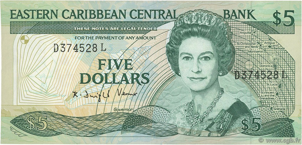5 Dollars EAST CARIBBEAN STATES  1988 P.22l2 SS