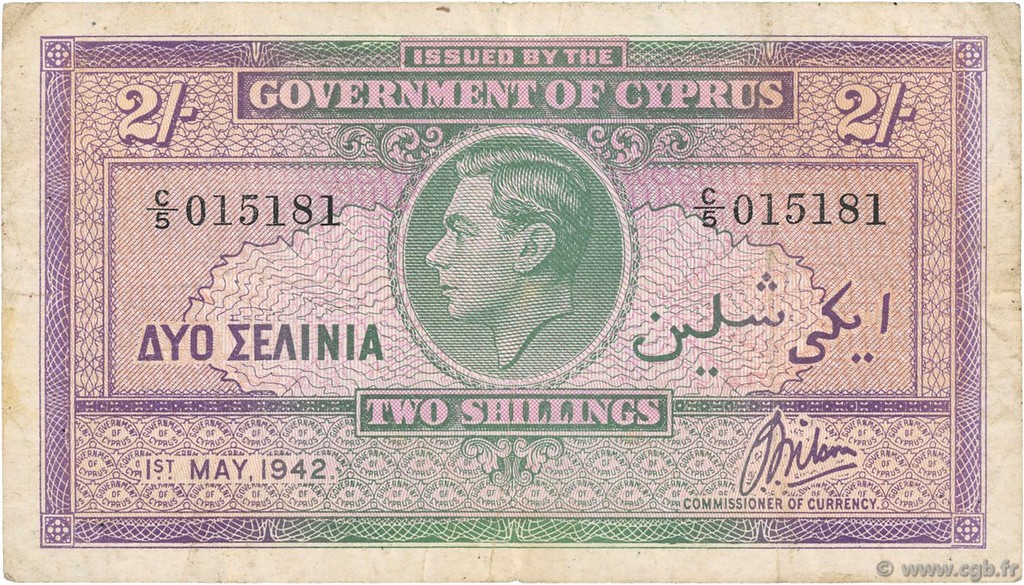 2 Shillings ZYPERN  1942 P.21 fSS