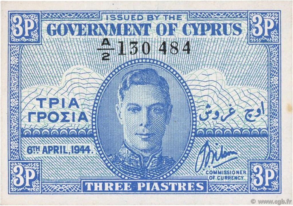 3 Piastres CYPRUS  1944 P.28a UNC-