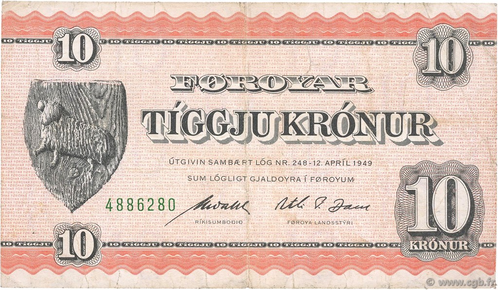 10 Kronur ISOLE FAROER  1954 P.14d BB