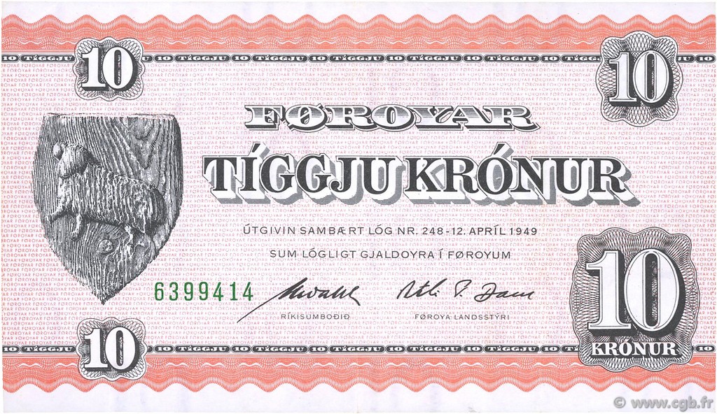 10 Kronur FAROE ISLANDS  1954 P.14d AU