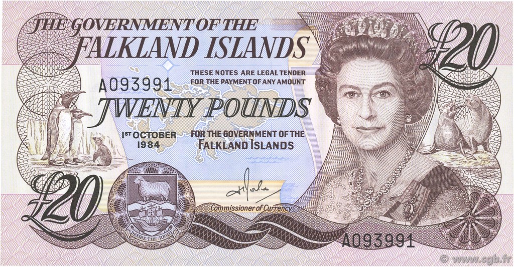 20 Pounds FALKLAND ISLANDS  1984 P.15a AU+