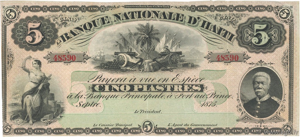 5 Piastres HAITI  1875 P.072 VF+