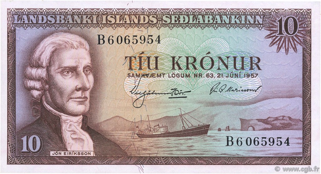10 Kronur ISLAND  1957 P.38b fST+