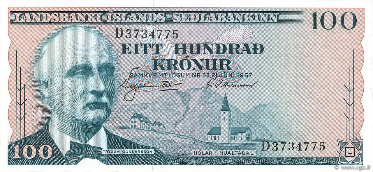 100 Kronur ISLANDA  1957 P.40a FDC