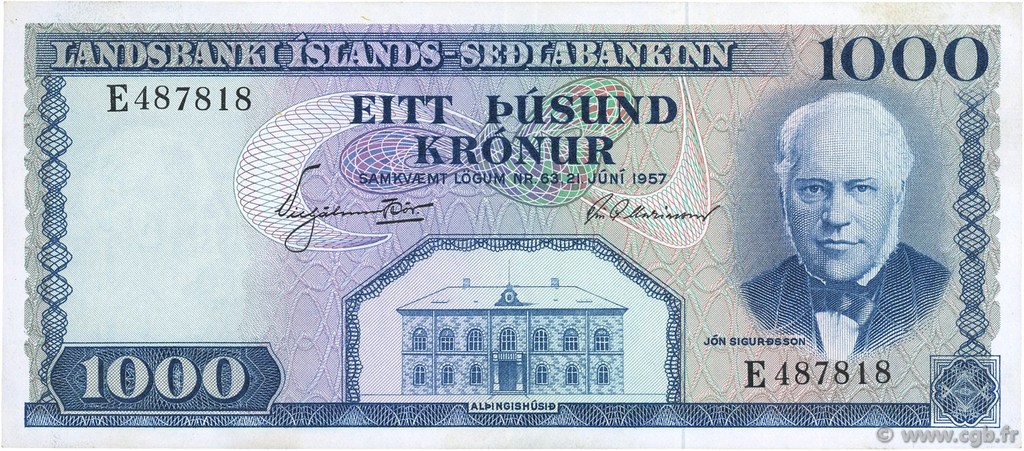 1000 Kronur ICELAND  1957 P.41 VF+