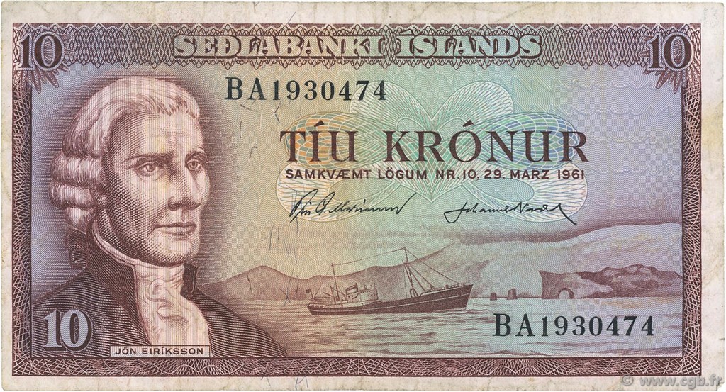 10 Kronur ICELAND  1961 P.42 VF
