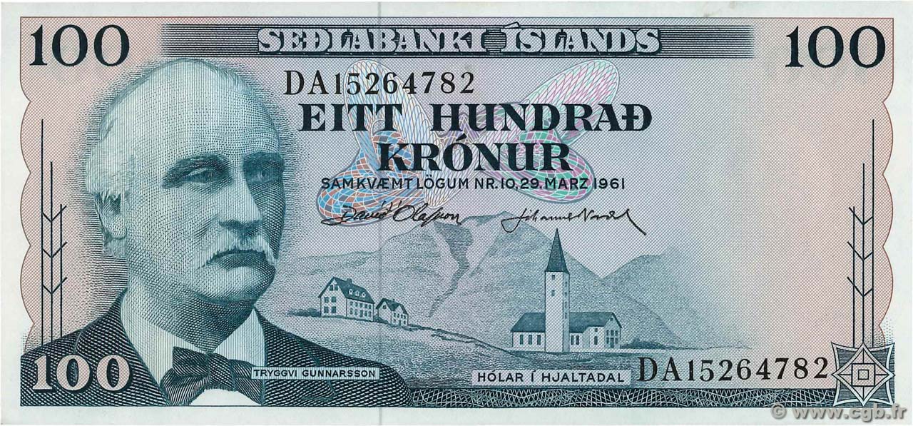 100 Kronur ICELAND  1961 P.44a UNC-