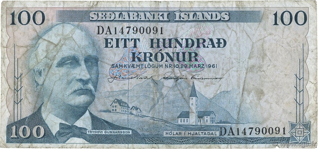 100 Kronur ICELAND  1961 P.44a VG