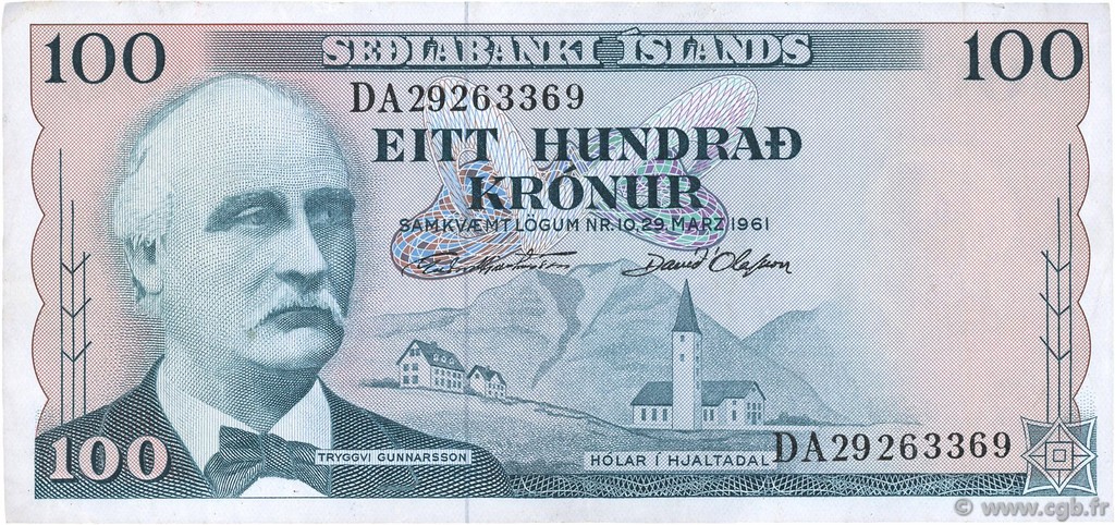 100 Kronur ICELAND  1961 P.44a VF