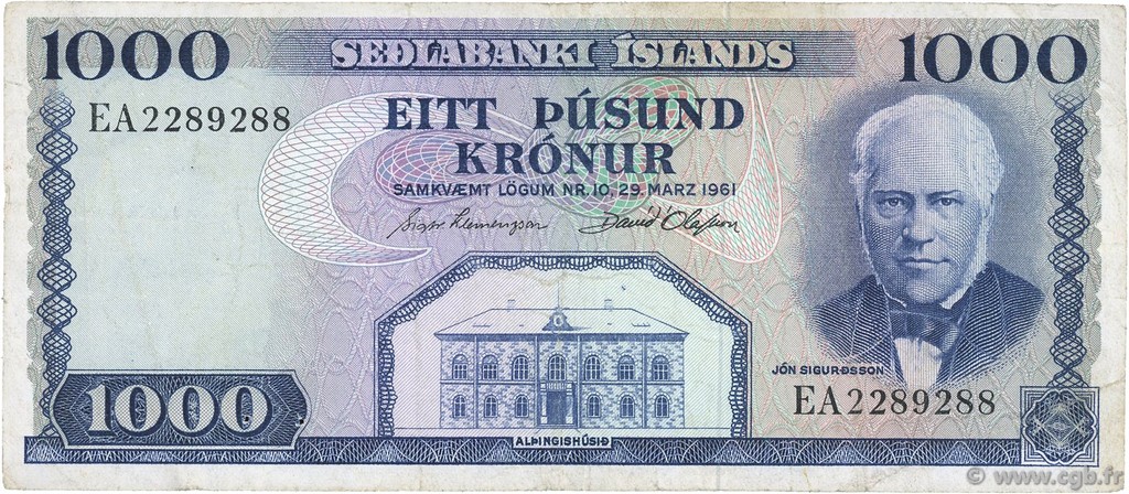 1000 Kronur ICELAND  1961 P.46a VF