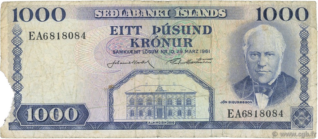 1000 Kronur ISLAND  1961 P.46a S